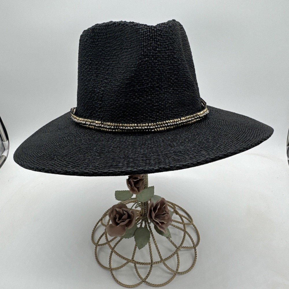 Nikki Beach Hat Womens Toyo Straw Black Beaded Western Native One Size